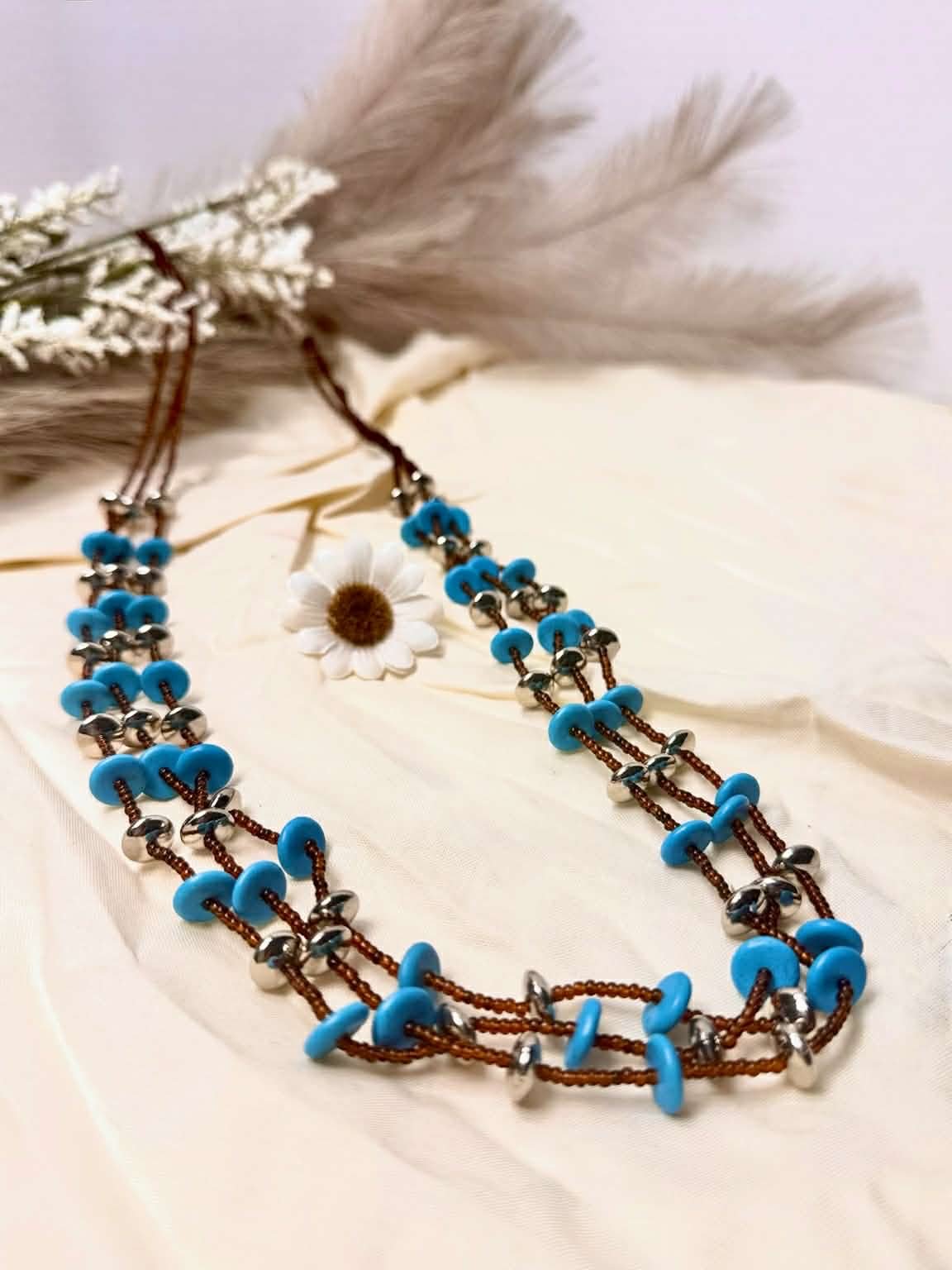 Home turquoise & silver triple strand necklace